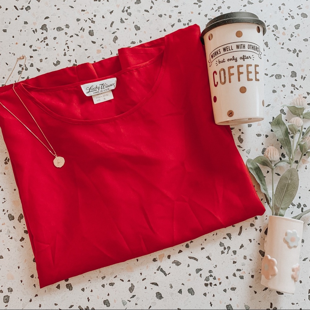 Vintage Red Scoop Neck Blouse Short Sleeve SZ XL